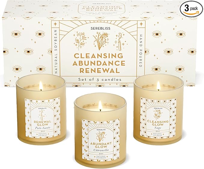 Serebliss Candle Set - 3 Pack Soy Wax Aromatherapy Scented Candles for Energy Cleansing, Manifestation, Palo Santo, Sage, ...