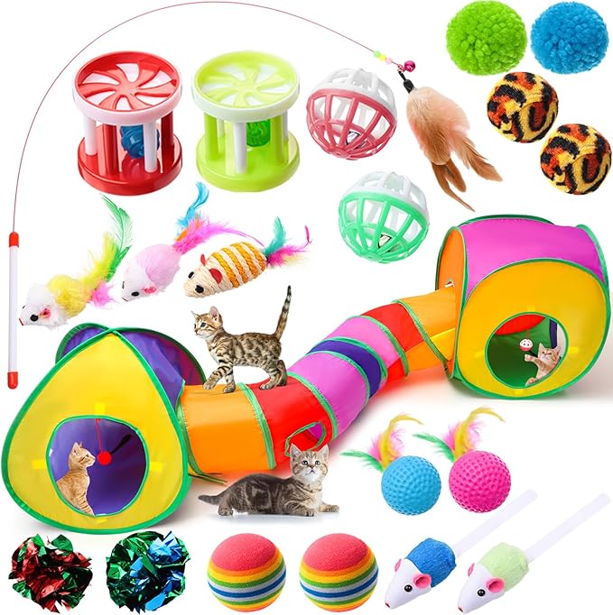 VercanMonth 21 Pcs Cat Tunnels for Indoor Set, 3 In1 Collapsible Cat Tunnel Toy with Cube Tent Toys Combo and 20 Pcs Inter...