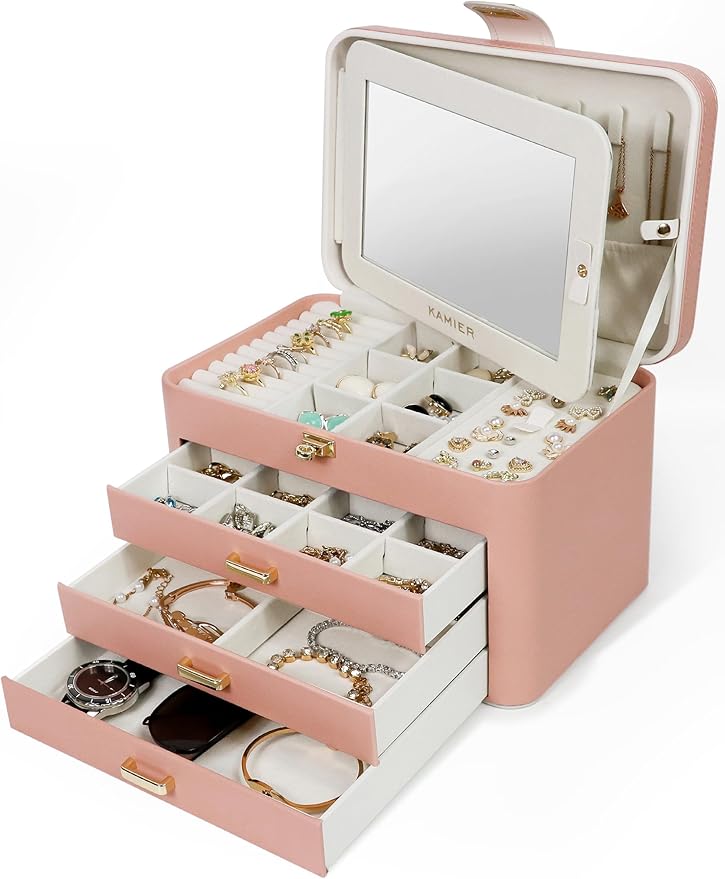 KAMIER Jewelry Organizer Box for Women - 4 Layer Drawer Jewellery Storage with Lock and Mirror - Jewelry Case for Necklace...