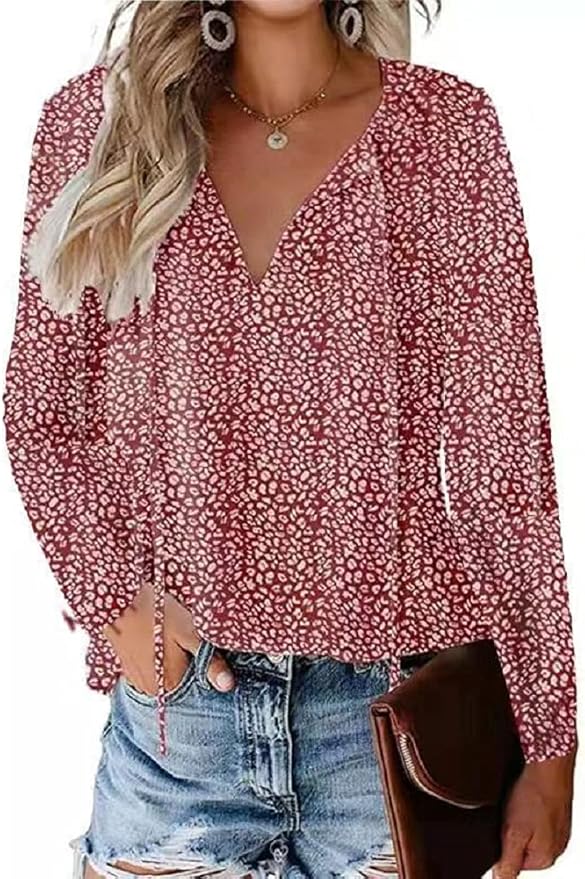 CERYIWER Women's Short Sleeve Casual Shirts Boho Floral Print V Neck Tops Loose Blouses