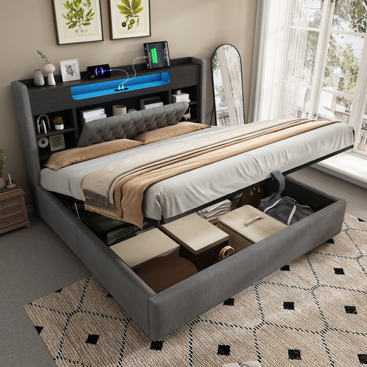 Upholstered Bed 140x190cm With Hydraulic Bed Base & LED Lighting, Bed Frame With USB Type-C Charging Function, Headboard With Shelf & Storage Space, Linen Fabric, Grey  Without Mattress