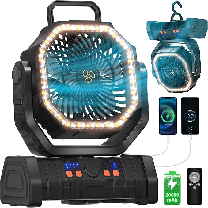 EEIFO Battery Operated Fan Portable Battery Powered Outdoor Camping Tent Fan with LED Lantern Light 20000mAh Rechargeable,...