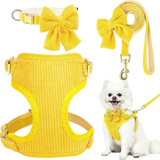 Small Dog Collar Harness and Leash Set, Dog Harness no Pull with Bowtie, Breathable Cotton Adjustable Pet Puppy Harness, E...