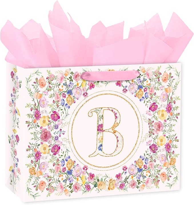 Loveinside 13" Large Floral Monogram Letter B Gift Bag, Personalized Alphabet Flower Initial Gift Bag with Tissue Paper fo...