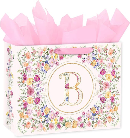 Loveinside 13" Large Floral Monogram Letter B Gift Bag, Personalized Alphabet Flower Initial Gift Bag with Tissue Paper fo...