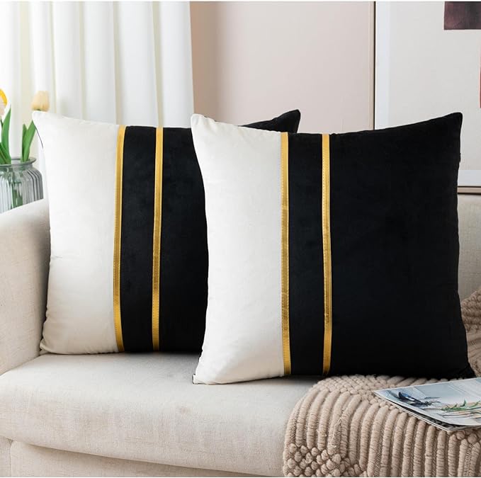 ZLINA Set of 2 Velvet Decorative Throw Pillow Covers Black White Patchwork with Gold Leather Pillow Covers 18 × 18 Inch Cu...