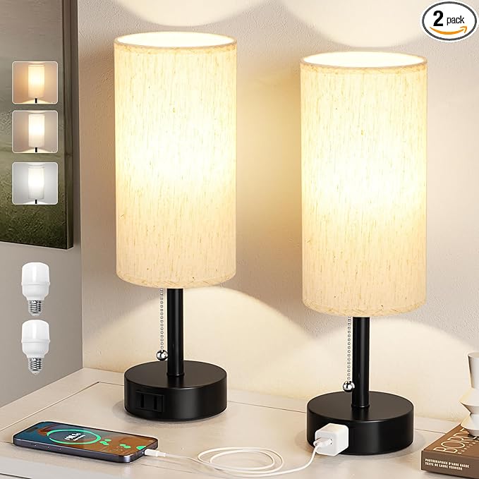 Fenmzee Bedside Table Lamps Set of 2-3 Color Temperatures Pull Chain Lamp with AC Outlet Charging Port, Small Round Night ...