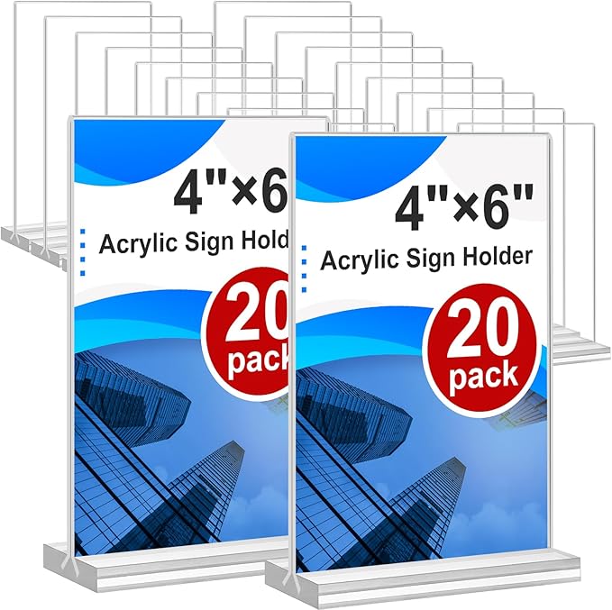 Acrylic Sign Holder 4x6, 20 Pack Clear Table Vertical Double Sided Table Menu Display, Plastic Desktop Picture Frames Stan...