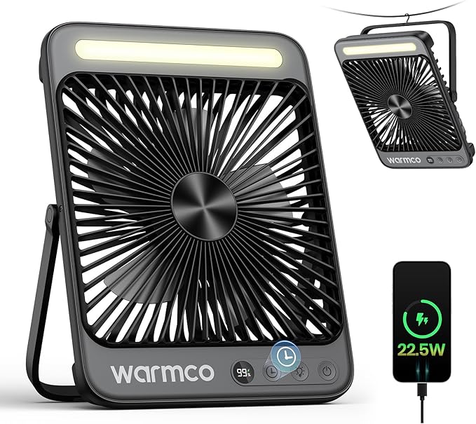 Warmco Battery Powered Fan, 20000mAh 22.5W 8-Inch Ultra-thin Rechargeable Camping Fan with LED Light, MAX 48H Runtime, 8H ...