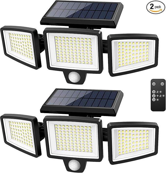 Tuffenough Solar Outdoor Lights 2500LM 210 LED Security Lights with Remote Control,3 Heads Motion Sensor Lights, IP65 Wate...