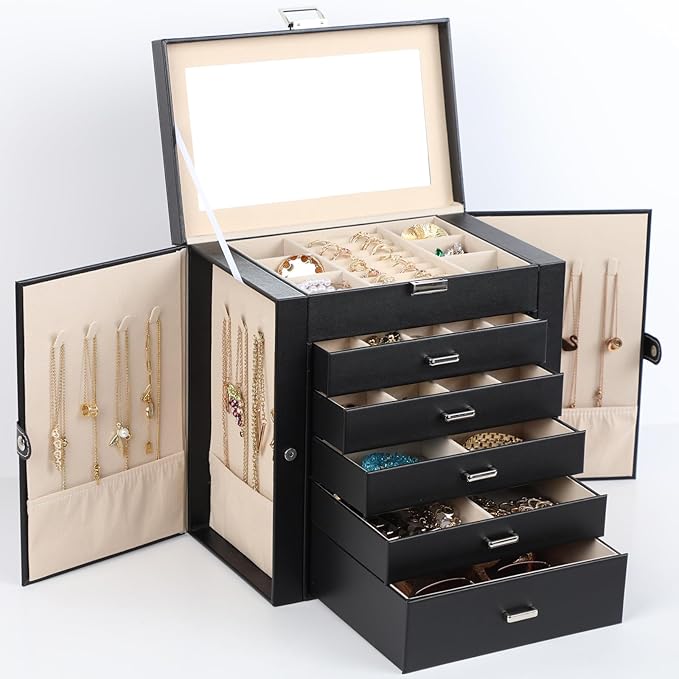 BOOVO Jewelry Box For women, 6 Layer Large Jewelry Organizer With Mirror, Multi-Function Storage Box With Lock, Necklace H...