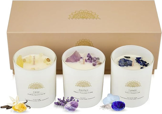 AvaConcept Healing Crystal Candle Gift Set – Set of 3 Citrine, Amethyst & Lazurite Hand-Poured Soy Wax French Vanilla, Lav...