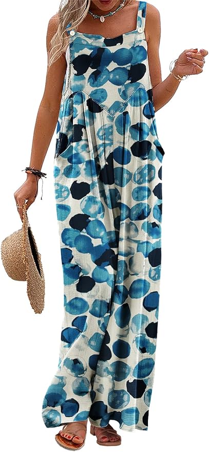 YESNO Women's Summer Casual Overalls Loose Wide Leg Jumpsuits Boho Floral Printed Baggy Rompers with Pockets PZH
