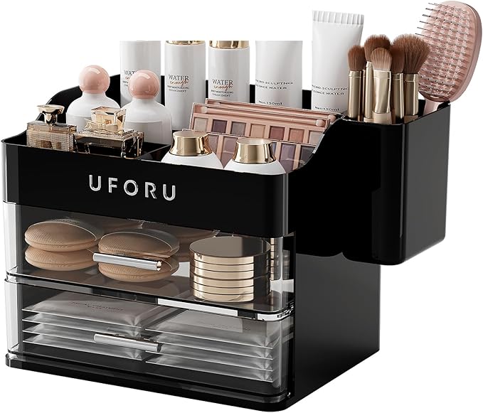UFORU Makeup Organizer for Vanity with Brush Holder, Countertop Skincare Organizer with 2 Drawers, Spacious Cosmetic Displ...
