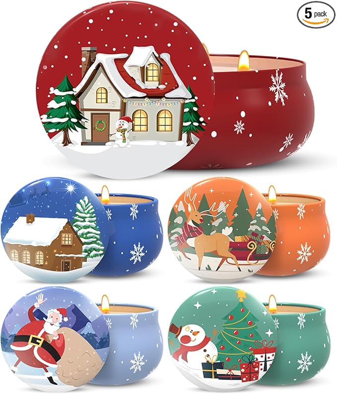 Set of 5 Christmas Themed Scented Candles Gift Set for Women, Natural Soy Wax Aromatherapy Candles for Home Decor - Lavend...