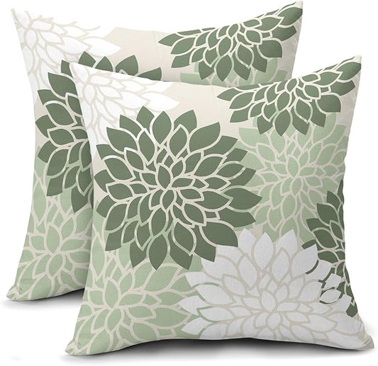 aportt Sage Green White Floral Pillow Covers 18X18 Inch Set of 2 Geometric Dahlia Flower Decorative Pillow Cases Modern Co...