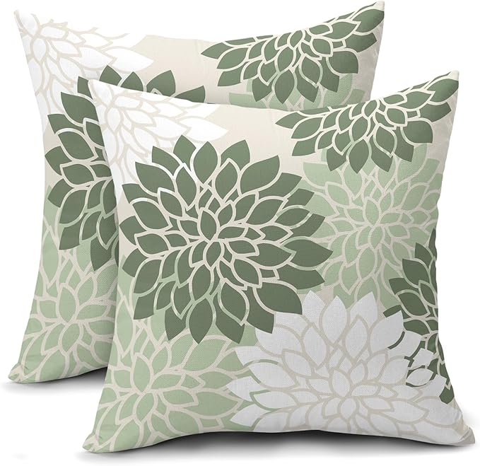 aportt Sage Green White Floral Pillow Covers 18X18 Inch Set of 2 Geometric Dahlia Flower Decorative Pillow Cases Modern Co...
