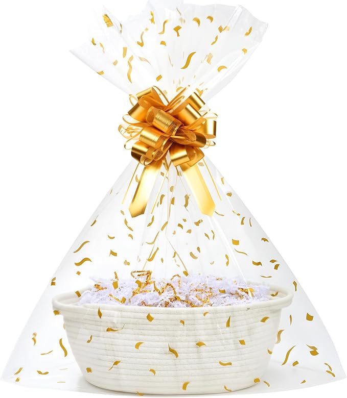SUNCOLOR Small Woven Gift Basket Set with Cut Paper Shred Filler, Pull Bow & Cellophane Bag, 12x8x5 Inch Durable Cotton Ro...