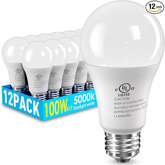 12 Pack LED Light Bulbs 100 Watt Equivalent, A19 15W 5000K Daylight, Super Bright White Light 1500 Lumens, E26 Standard No...