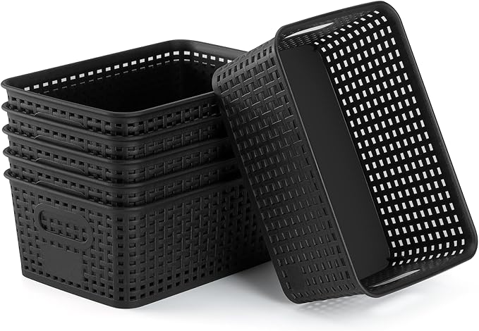 Plastic Storage Baskets 6 Pack Sturdy Storage Organizer Basket Woven Plastic Storage Bins for Shelves,Closet,Countertops, ...