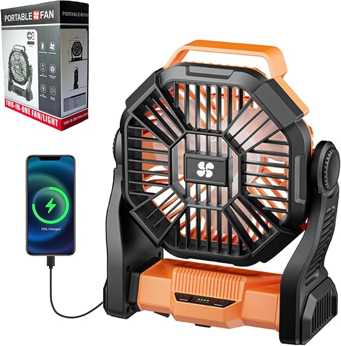 Portable Camping Fan Rechargeable ，Battery Operated Fans with Light 4 Speeds & Hook, USB Rechargeable Outdoor Camping for ...