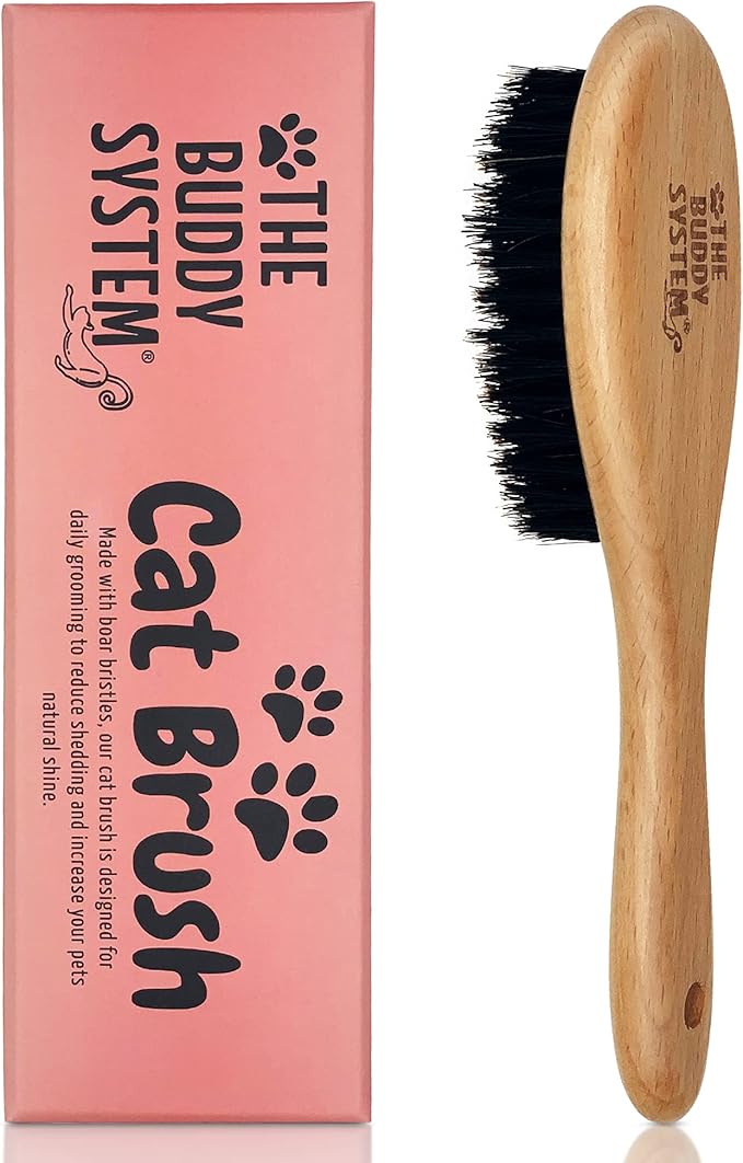 The Buddy System Cat Brush with Boar Bristle and Wooden Handle, Professional Grade Daily Grooming Hairbrush, Reduce Sheddi...