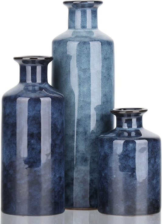 Blue Ceramic Vase Set - 3 Blue Small Vases, Farmhouse Country Flower Vase Home Decor, Living Room Decoration, Table Decora...