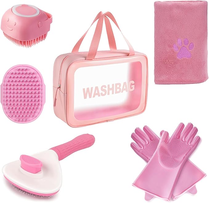Kemodia 6PCS Pink Dog Washing Kit with Dog Brush, Shampoo Brush, Bath Scrubber,Washing Gloves, 39.7" × 20.5" Towel and Big...