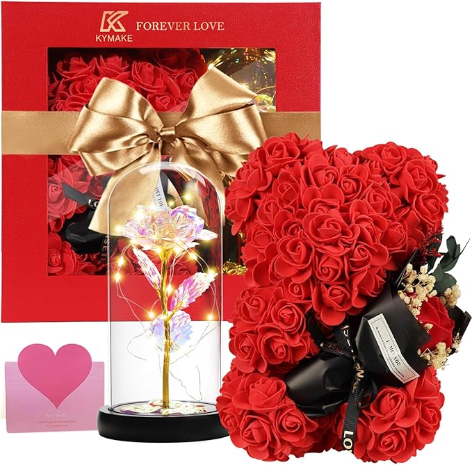 Mothers Day Rose Gifts for Mom Women Wife Girlfriend, Rose Bear & Beauty and the Beast-Inspired Rainbow Light-Up Roses Gif...