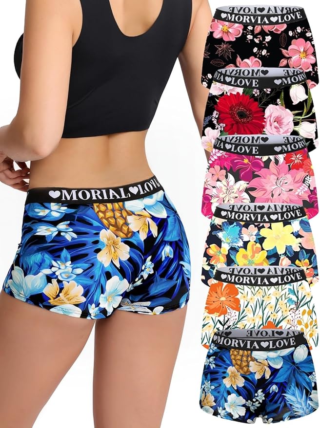 Morvia 6 Pack Gothic Halloween Print Boyshorts, High Waist Variety Underwear with Elastic Band, Skull Rose Stars Pattern