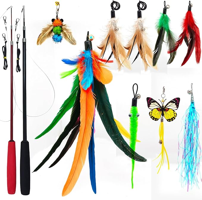miwoowim Cat Toys Interactive for Indoor Cats, 2PCS Ultra-Long Teaser(50"+38")+9PCS Da Bird Feather Refills, Fishing Pole ...