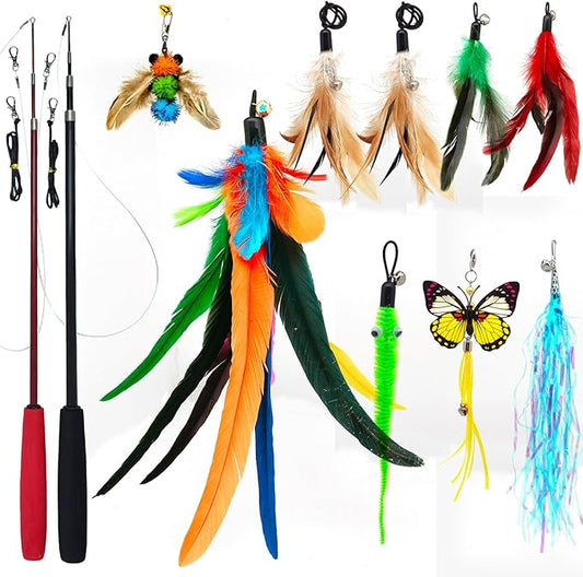 miwoowim Cat Toys Interactive for Indoor Cats, 2PCS Ultra-Long Teaser(50"+38")+9PCS Da Bird Feather Refills, Fishing Pole ...