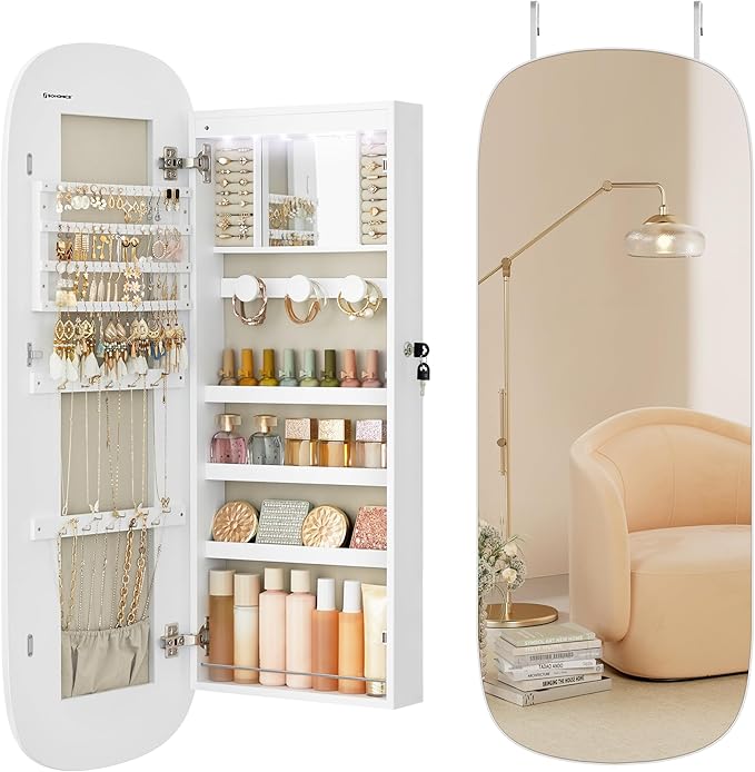 SONGMICS Jewelry Organizer, LED Jewelry Cabinet Wall/Door Mounted, Lockable Rounded Wide Mirror with Storage, Interior Mir...