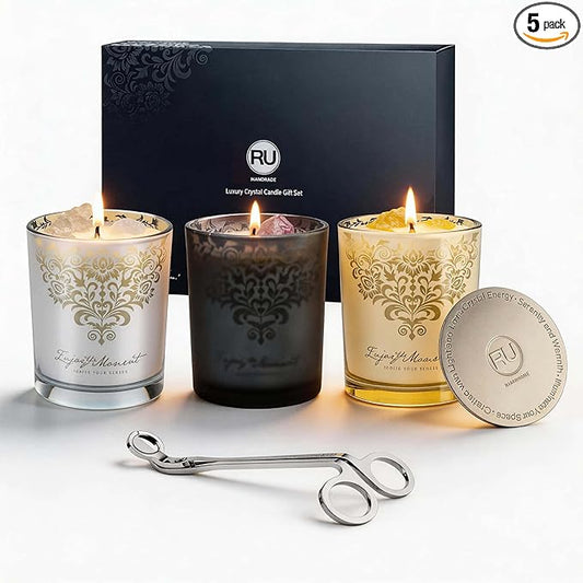 RU HANDMADE Luxury Soy Candle Gift Set for Women – 3 Pack 7oz Crystal Glass Aromatherapy Candles, 120H Total Burn Time, So...