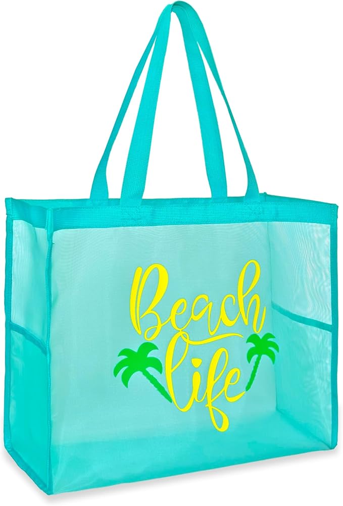 Scimdbg Large Beach Tote Bags With Funny Beach Phrases,Sandproof Foldable Mesh Bag For Poolside,Travel,Swimming | bright c...