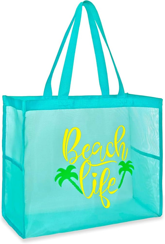 Scimdbg Large Beach Tote Bags With Funny Beach Phrases,Sandproof Foldable Mesh Bag For Poolside,Travel,Swimming | bright c...