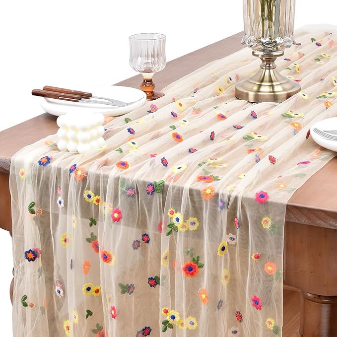 Joanlody Champagne Embroidery Daisy Spring Summer Table Runner 10ft Florals Seasonal Easter Tulle Table Runner Holiday Kit...