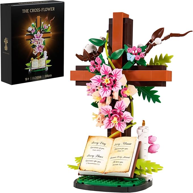 Jesus Cross Flower Building Set, Religious Cross Collectibles Compatible with Lego Jesus Catholic Building Toys, Easter, C...