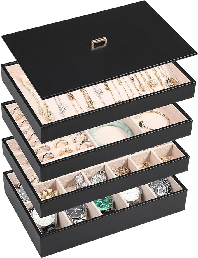 Voova Stackable Jewelry Organizer Tray with Lid, PU Leather Jewelry Storage Holder for Drawer Inserts, Jewellery Display B...