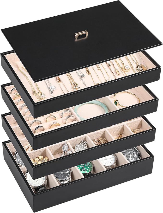Voova Stackable Jewelry Organizer Tray with Lid, PU Leather Jewelry Storage Holder for Drawer Inserts, Jewellery Display B...