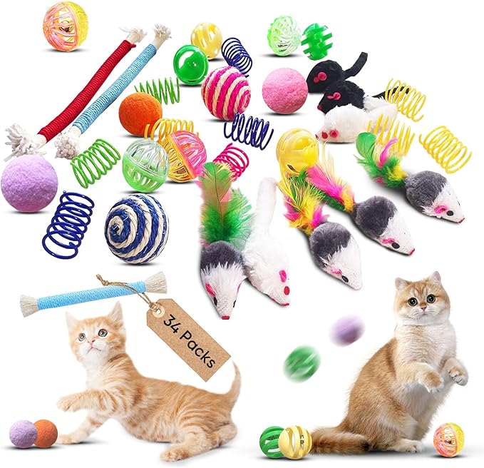 YULOYI Cat Toys for Indoor Cats, 34 Packs Interactive Cat Toy Set with Colorful Springs Toys, Mouse Toy, Catnip Ropes, Bal...