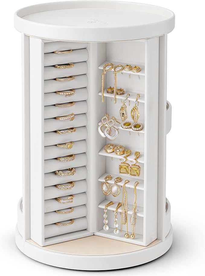 VLANDO 360°Rotating Jewelry Box,Earring Organizer Large Vertical Jewelry Organizer with 6 Necklace Hooks, Open Ring Displa...