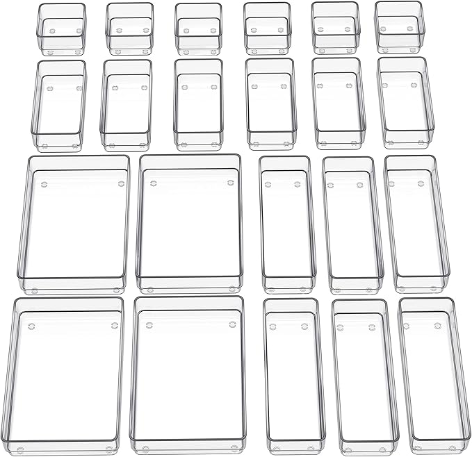 SMARTAKE 22-Piece Drawer Organizer with Non-Slip Silicone Pads, 4-Size Clear Desk Drawer Organizer Trays Storage Tray for ...