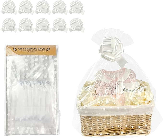 EKAPACKAGING 22x25 Inches 10 Pcs Large Cellophane Bags for Gift Baskets, Plastic Gift Basket Wrapping with Pull Ribbons, C...