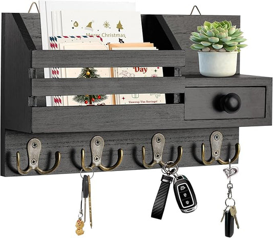 HOMEBROS Key Holder Wall Mount, Wooden Adhesive Mail and Key Organizer with Drawer, Small Shelf, 8 Hooks, 2 Installation M...
