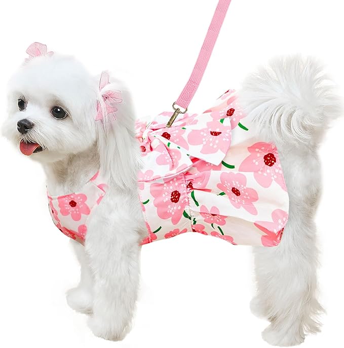 ABRRLO Cute Dog Dress Small Dog Clothes for Girls Female Puppy Outfits Pink Floral Pet Summer Clothes Bowknot Doggy Cat Pr...