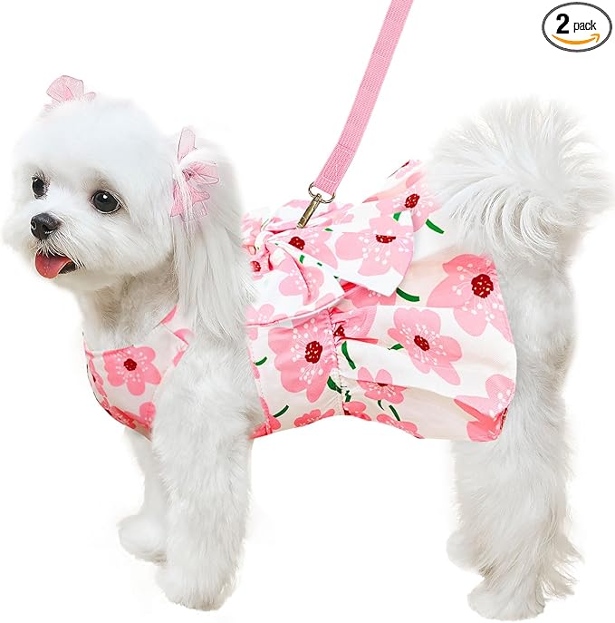 ABRRLO Cute Dog Dress Small Dog Clothes For Girls Female Puppy Outfit Pink Floral Pet Summer Clothes Bowknot Doggy Cat Pri...