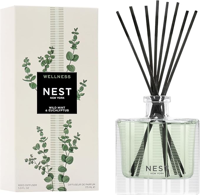 NEST New York Reed Diffuser, Wild Mint & Eucalyptus - 5.9 fl oz - Fragrance for Up to 90 Days - Reusable, Refillable Glass...