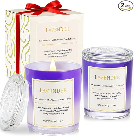 Lavender Candle Gift Set – 2 Pack Wood Wick Soy Wax Scented Candles with Gift Boxes, Long Lasting Relaxing Aromatherapy Ca...