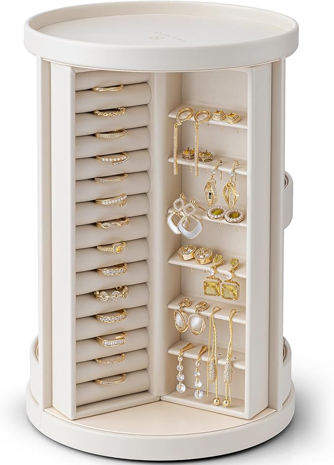 Vlando 360°Rotating Jewelry Box,Earring Organizer Large Vertical Jewelry Organizer with 6 Necklace Hooks, Open Ring Displa...